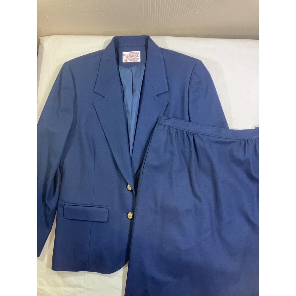 Vintage Pendleton Petite Navy‎ Blue Wool Skirt Suit Set Blazer Size 12 Made USA